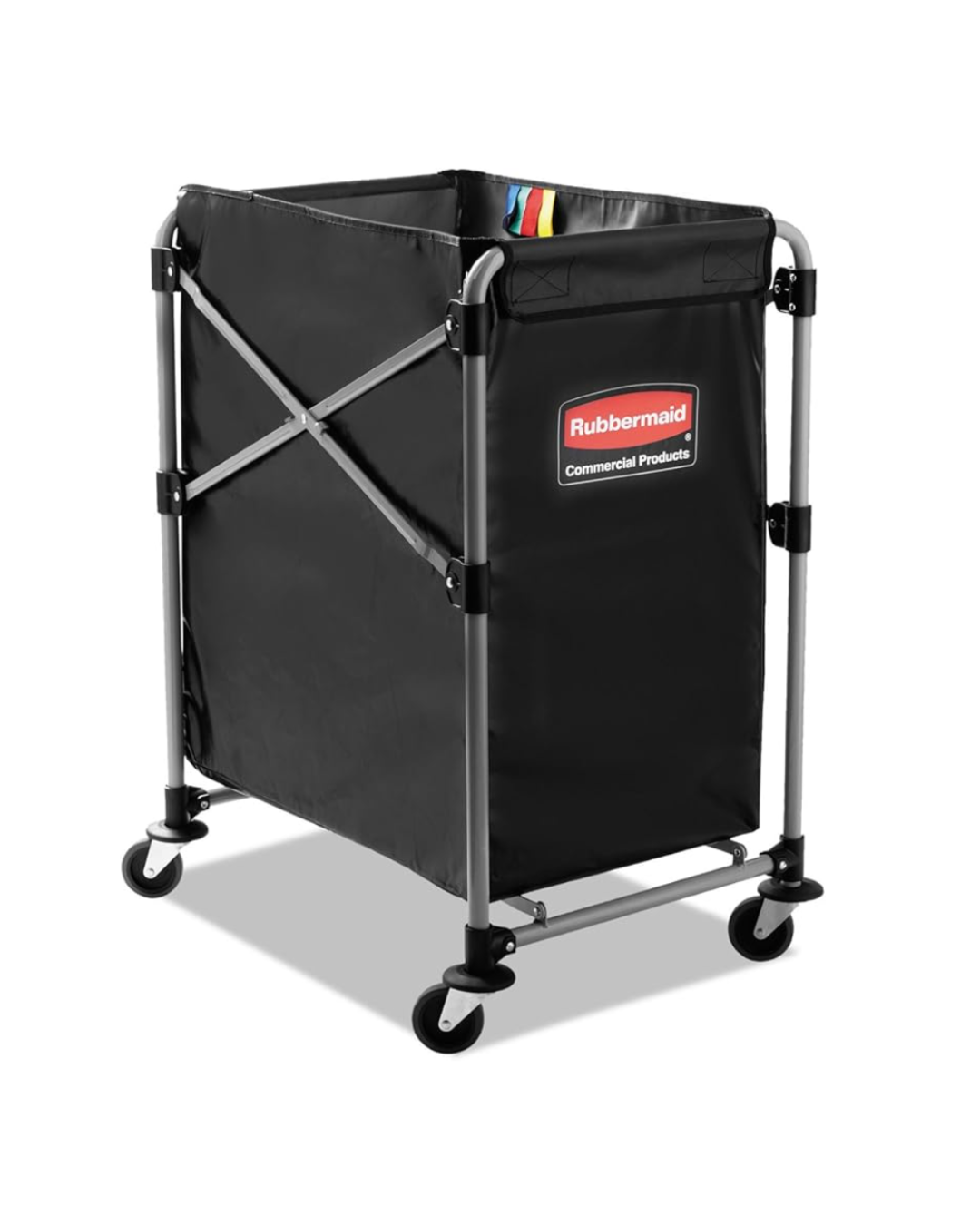 Rubbermaid Commercial Products, Collapsible X Cart, Black, Steel 4 Bushel Bin, Commercial Laundry Cart with Wheels for Hotel/Nursing Home/Home/College Easily Move Laundry/Supplies/Groceries